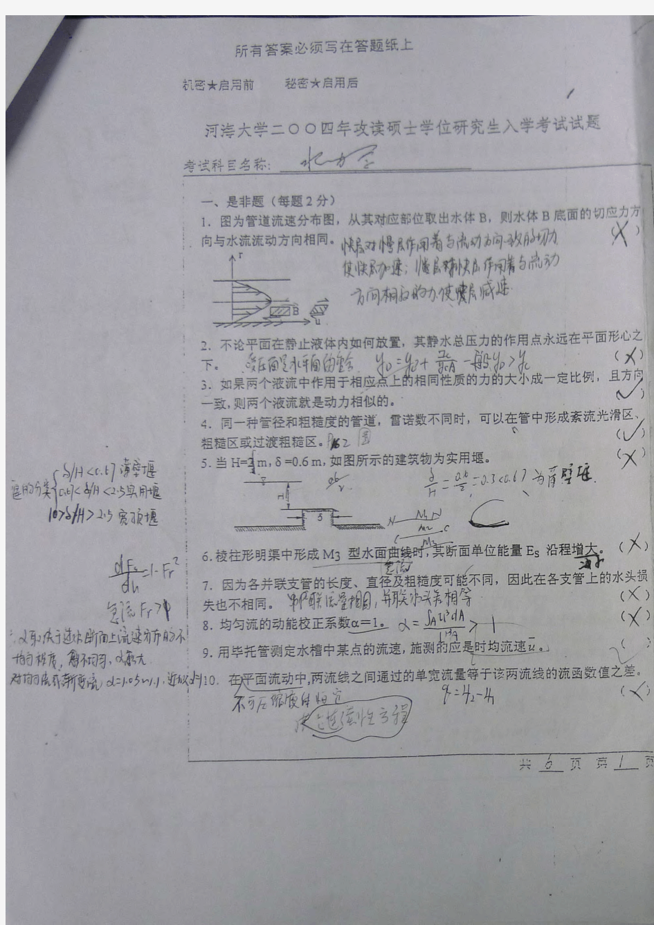 2004年河海大学硕士研究生考试水力学真题及解析