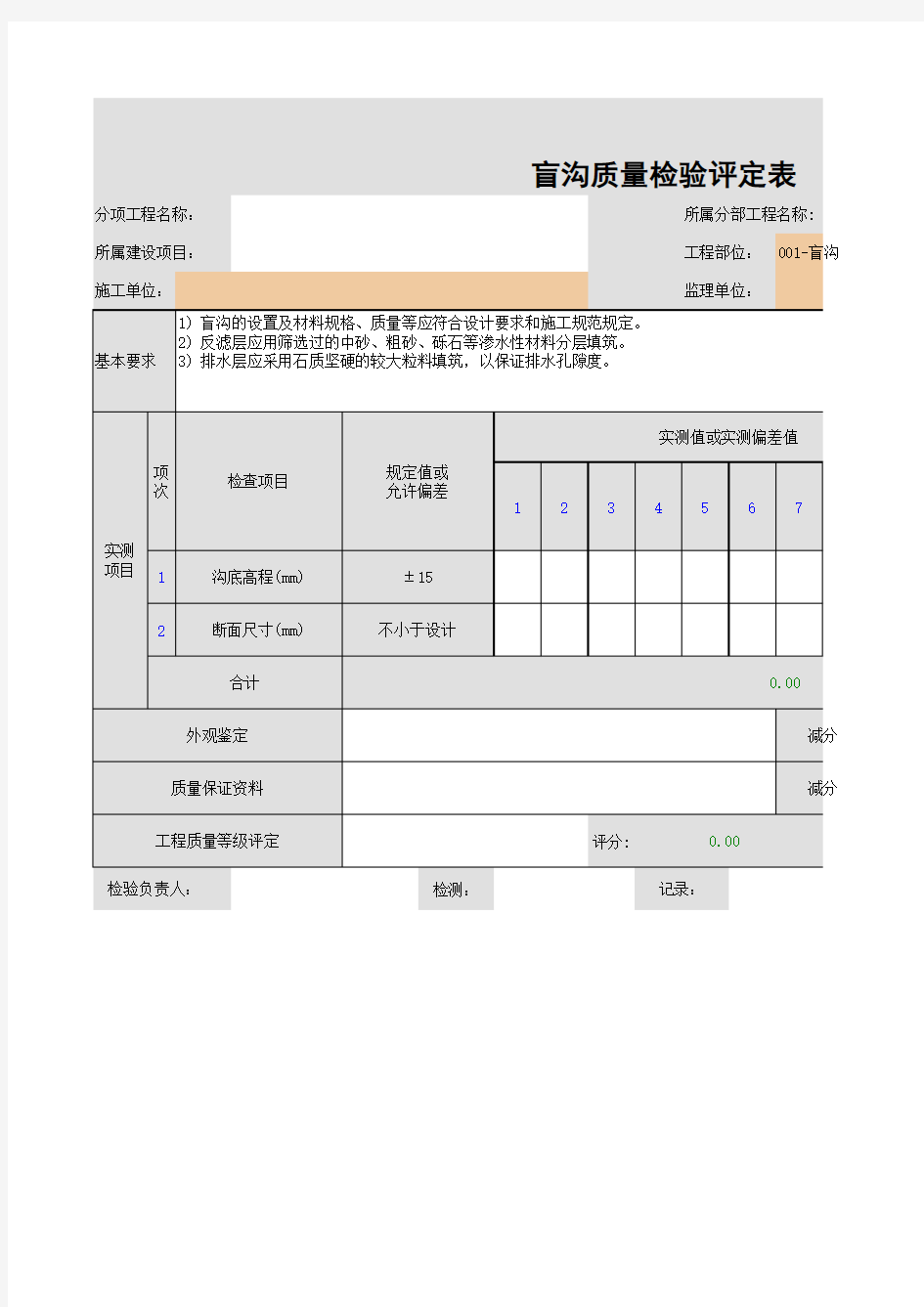 001-盲沟质量检验评定表