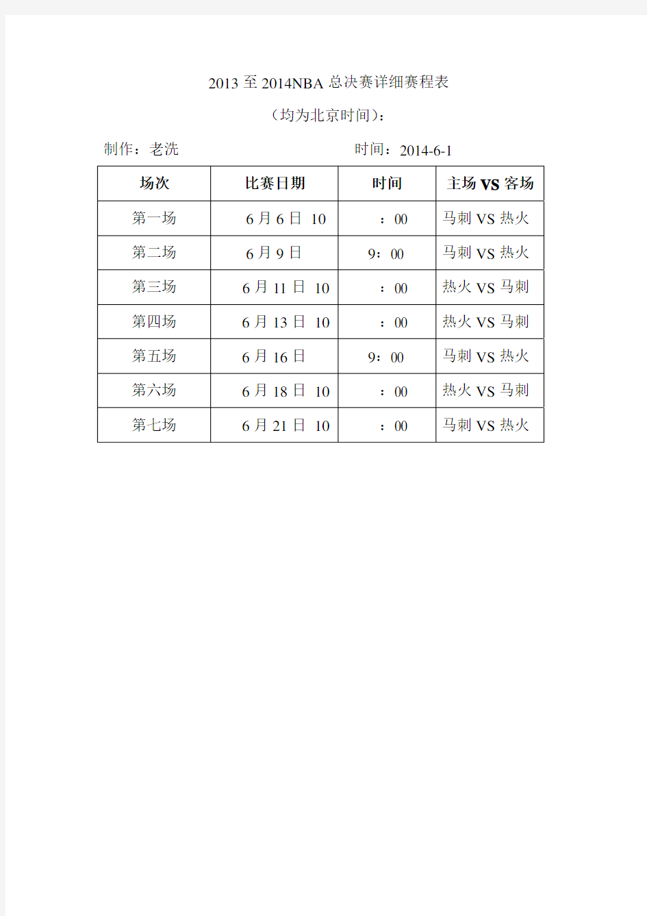 2013-2014NBA总决赛详细赛程表