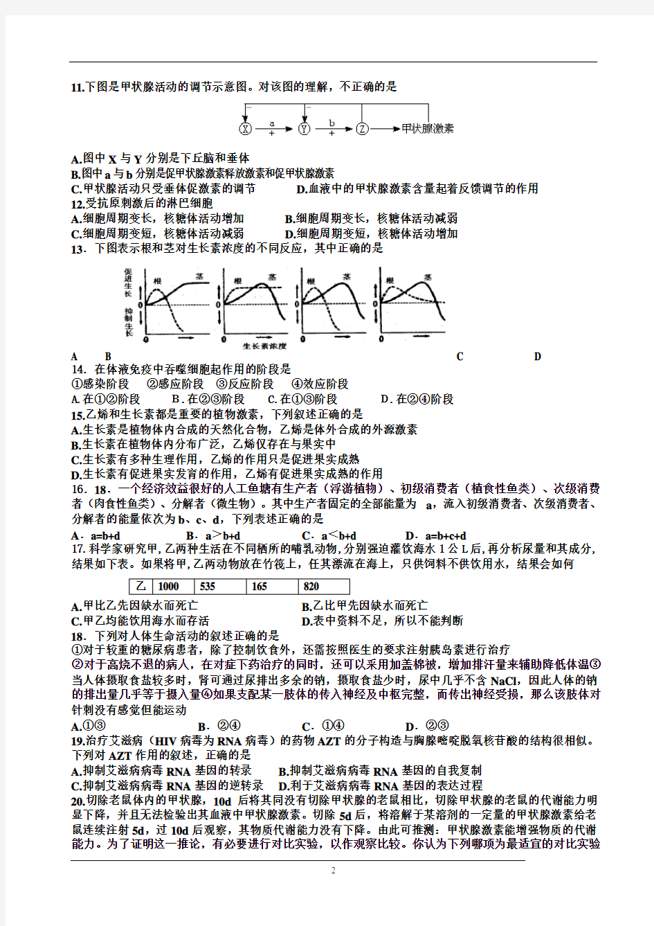 高中生物必修三综合测试题