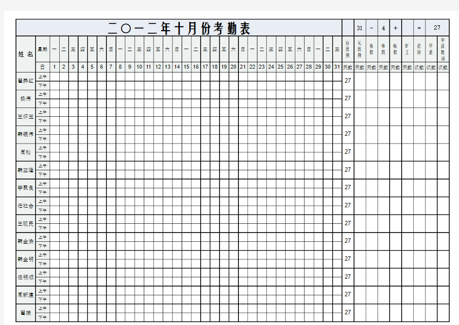 员工考勤表(自动计算日期,工作日,统计实际出勤...)