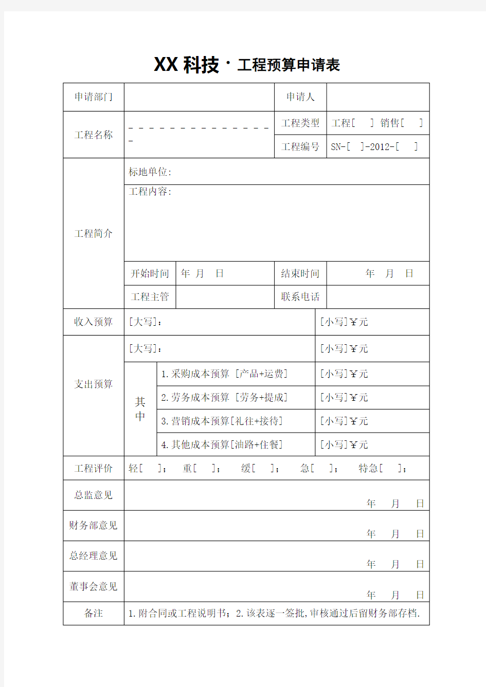 项目预算申请表