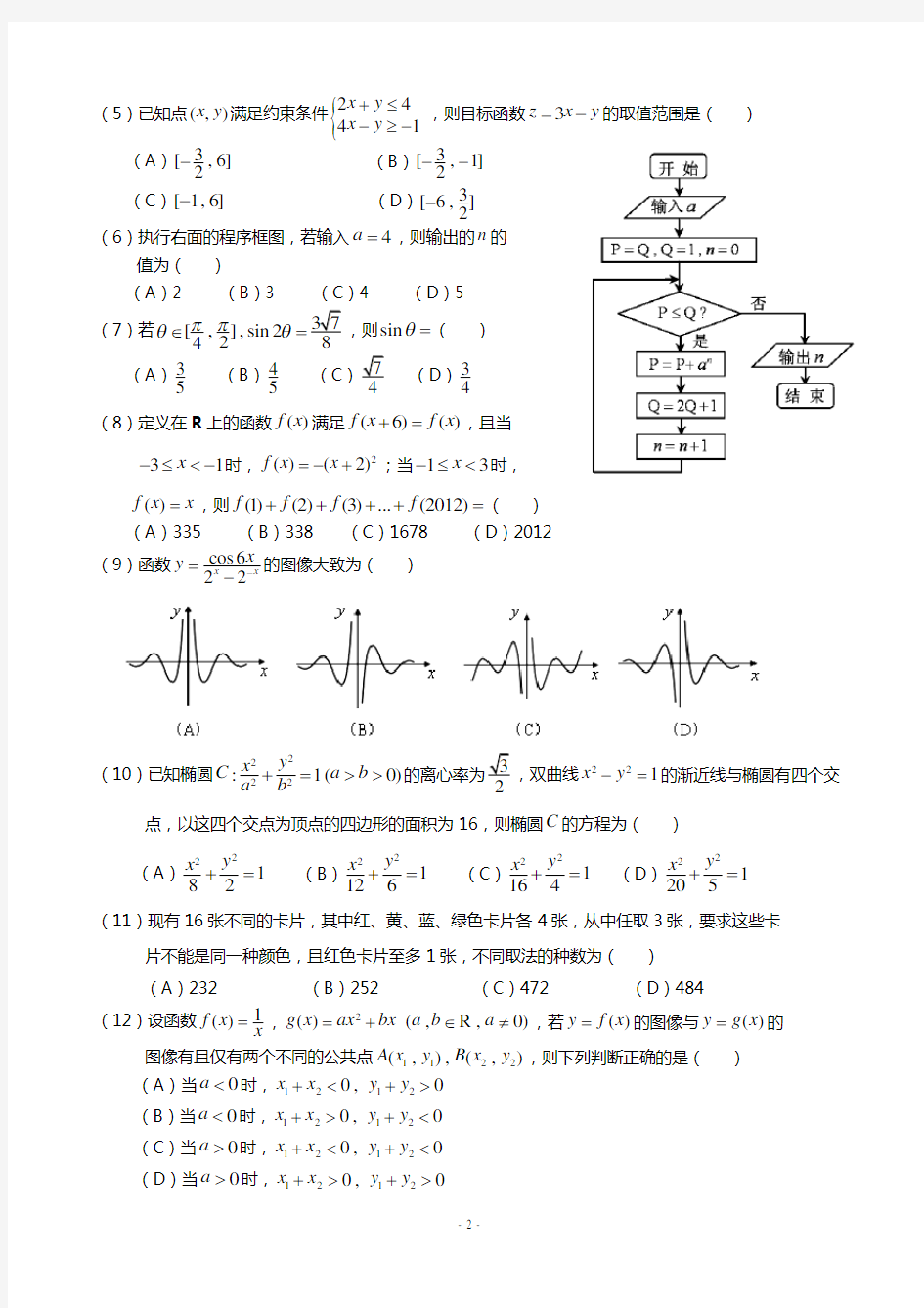 2012年山东高考理科数学试题含答案精校WORD高清版