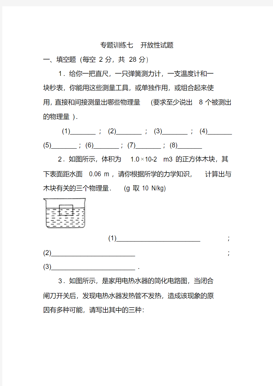 2020年中考物理专题训练开放性试题