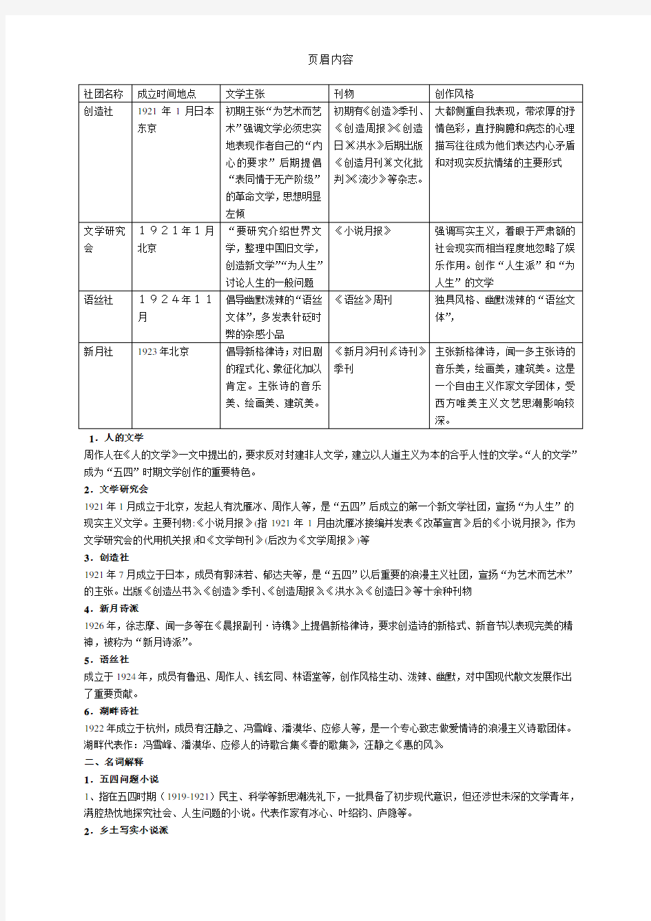 中国现代文学三十年名词解释完整版