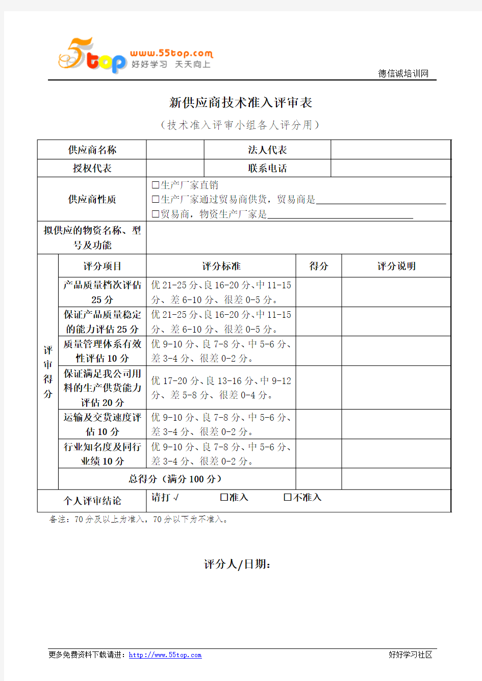 新供应商技术准入评审表