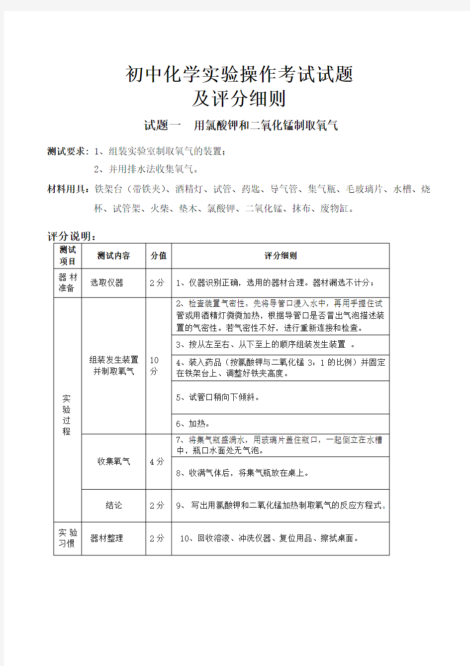 (完整版)初中化学实验操作考试评分细则