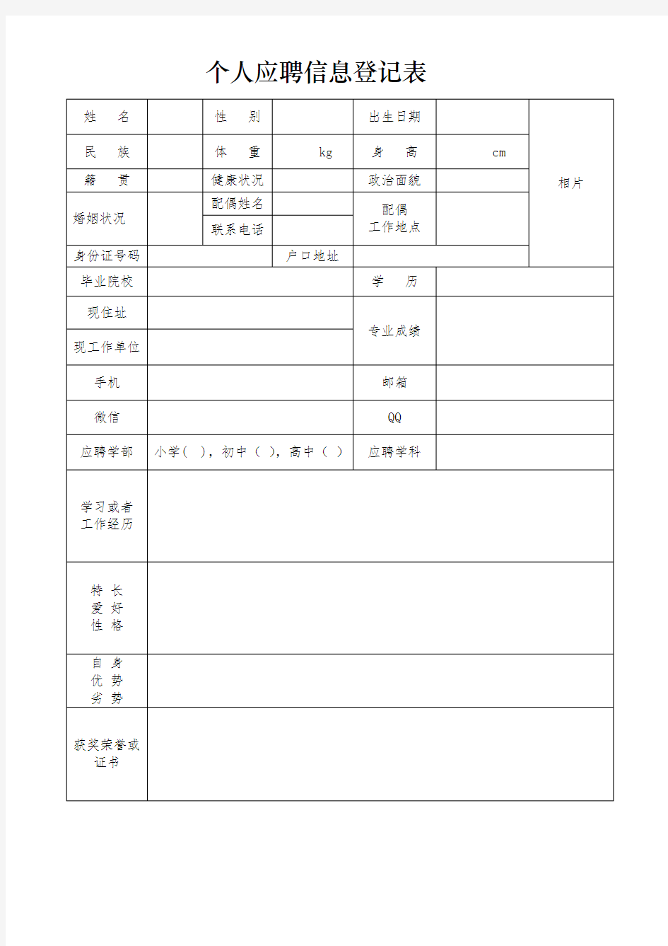 个人应聘信息登记表