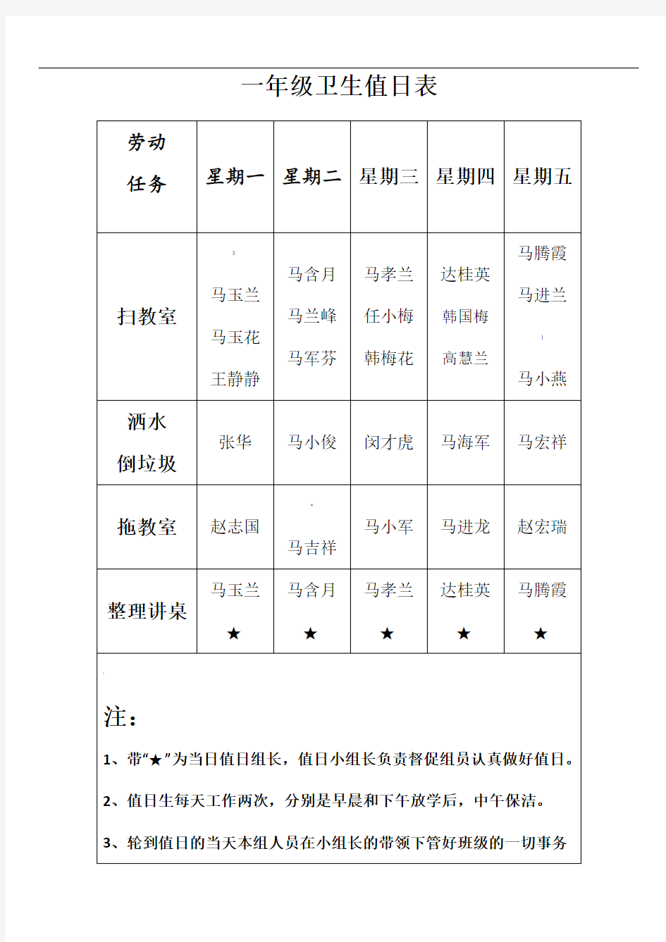 一年级卫生值日表