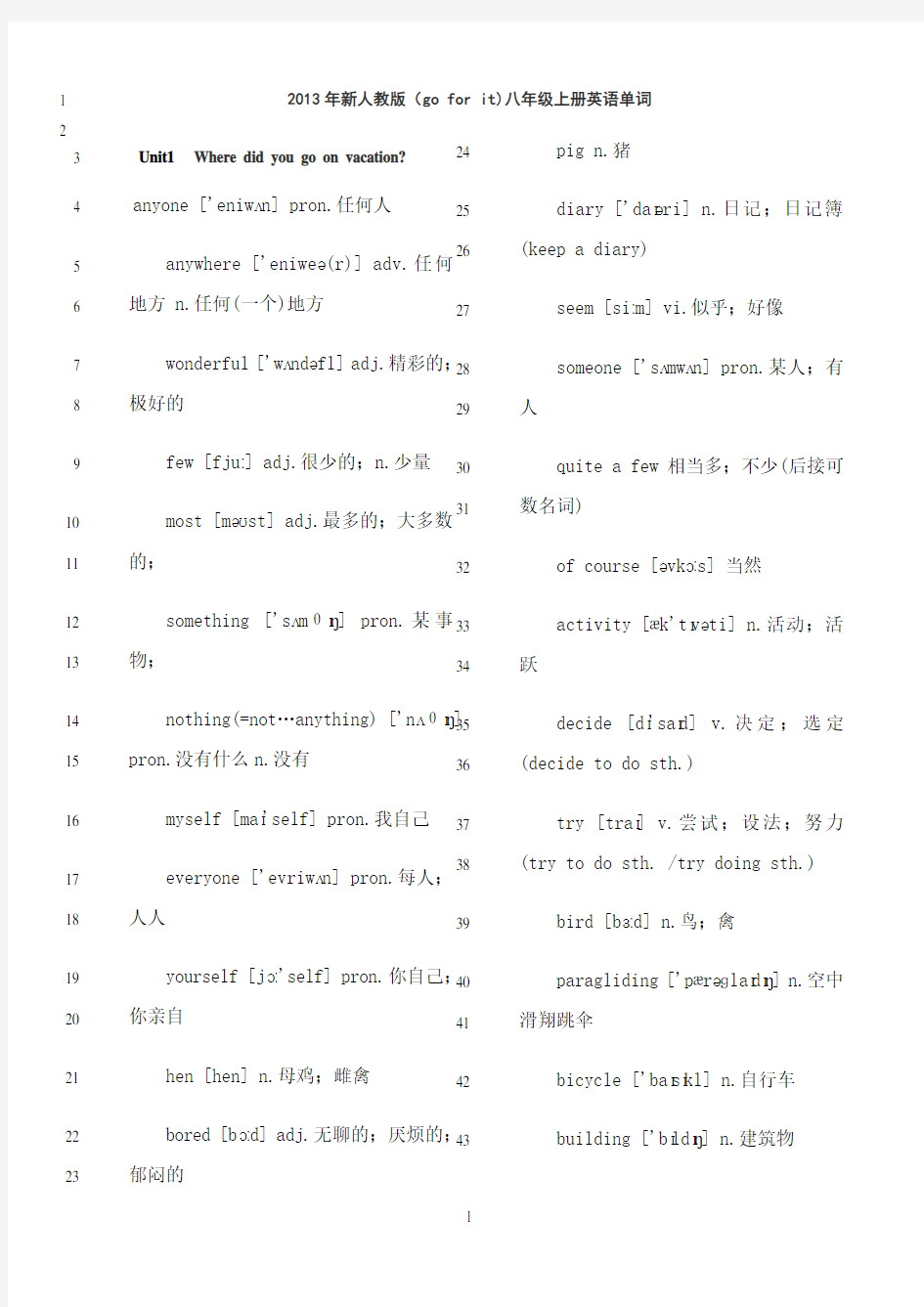 最新《英语(Go for it!)》八年级上册单词表