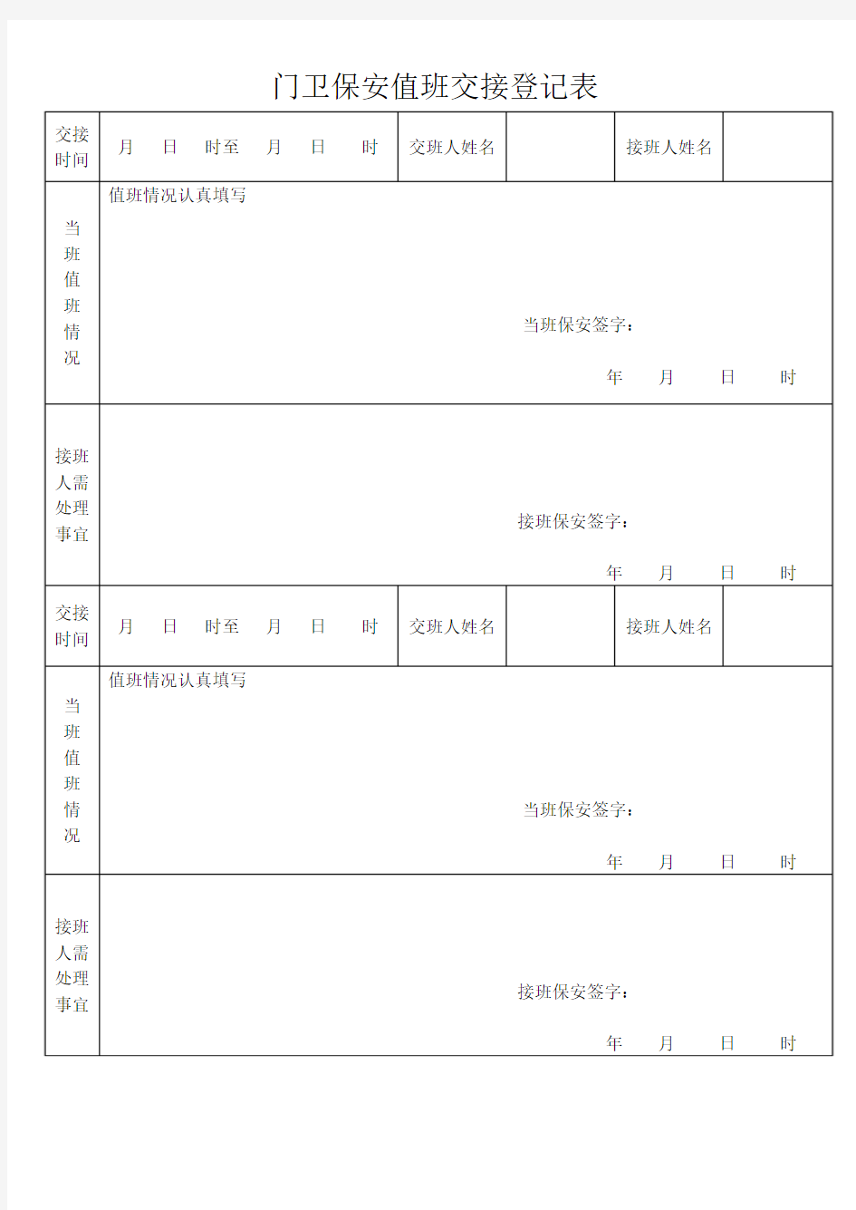 门卫保安值班交接登记表