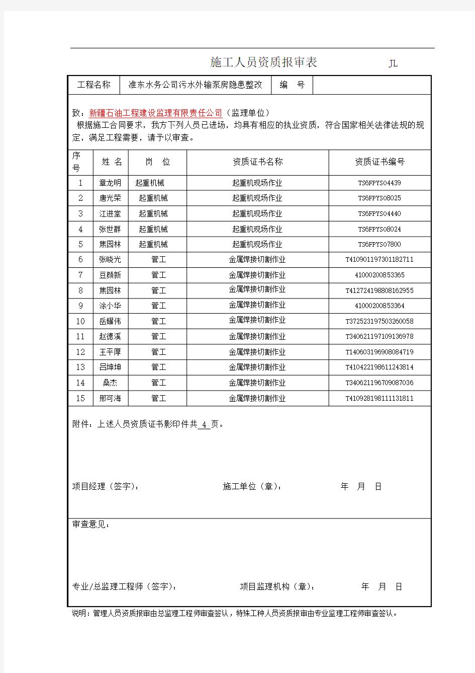 施工人员资质报审表