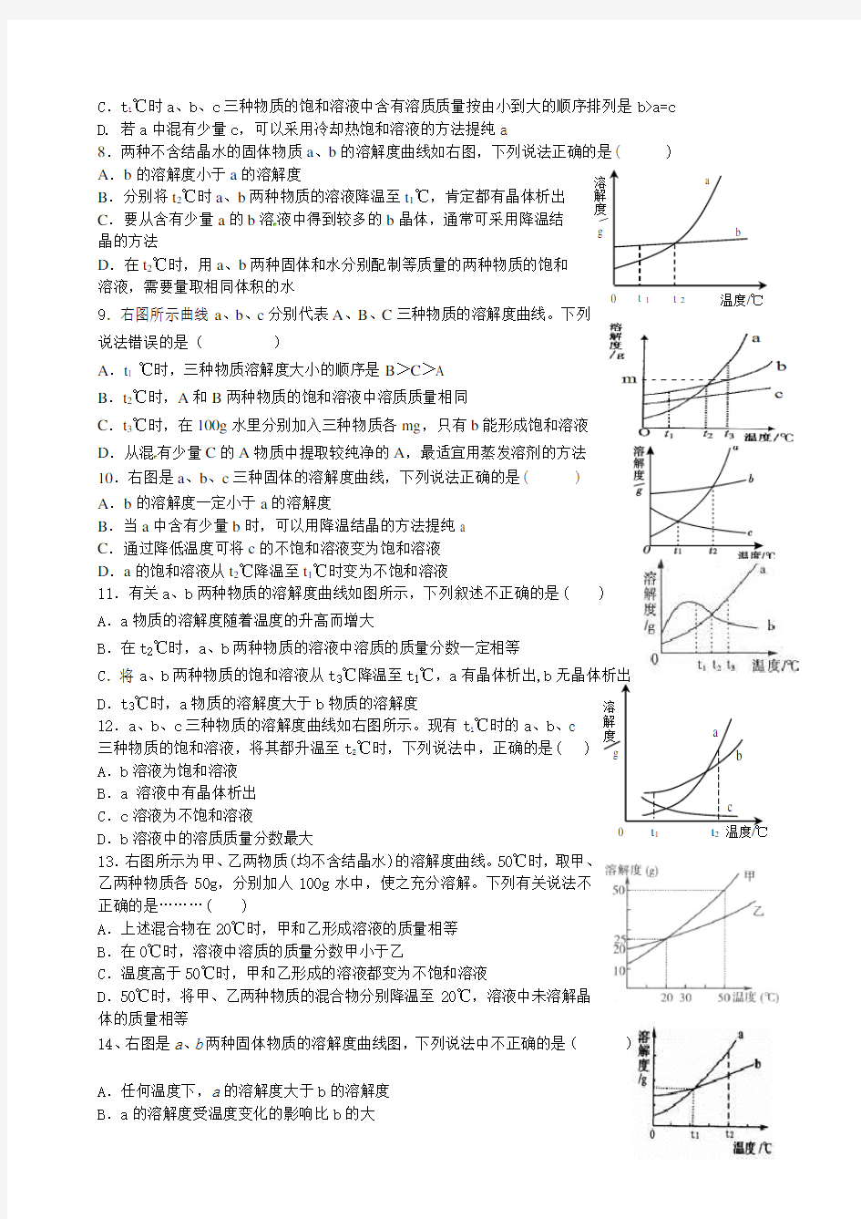 初中化学溶解度曲线专项练习题