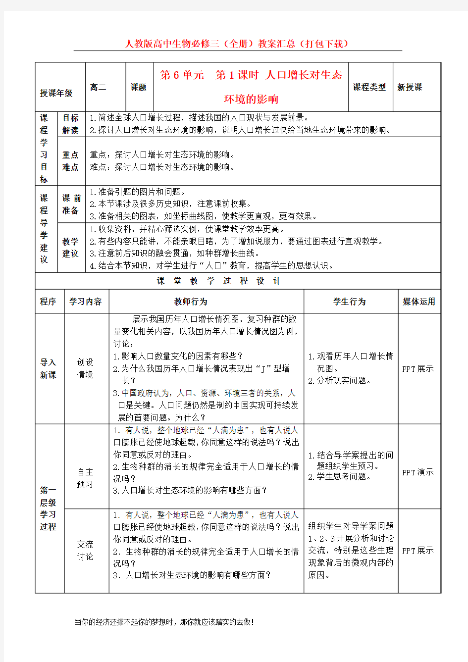 人教版高中生物必修三(全册)教案汇总(打包下载)