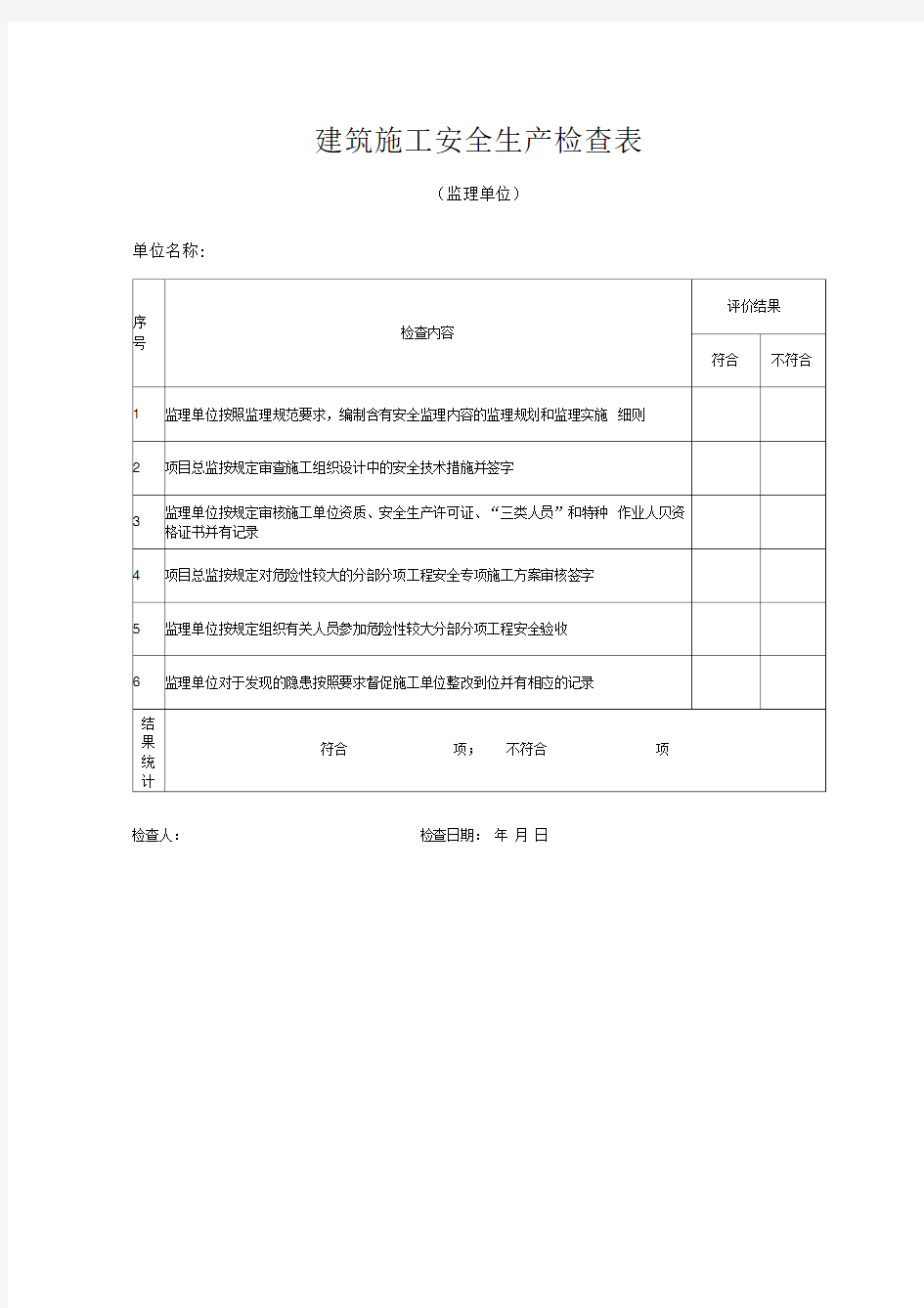 建筑施工安全生产检查表word版本