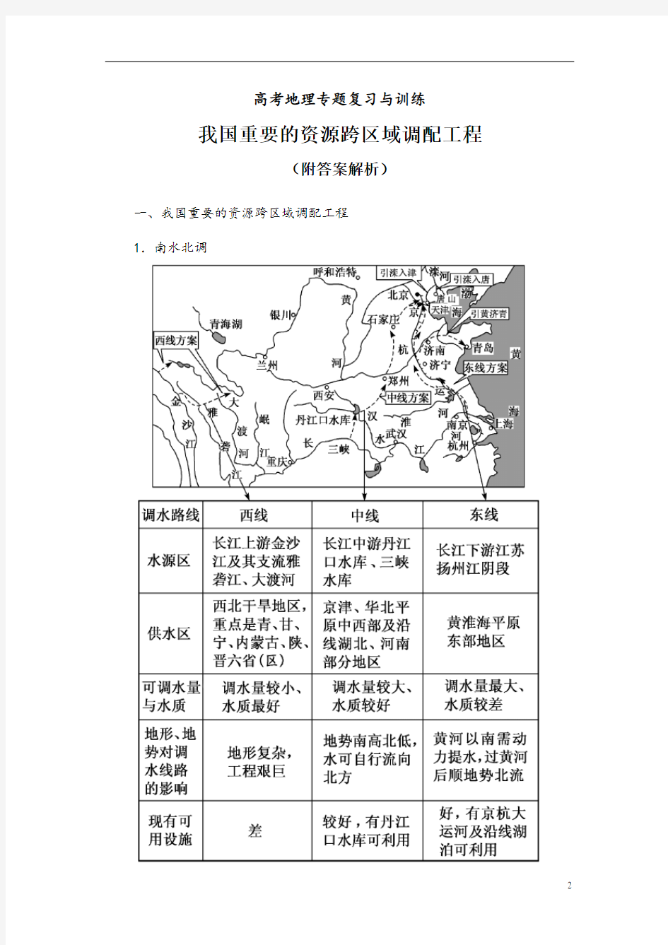 高考地理专题复习与训练：我国重要的资源跨区域调配工程(附答案解析)