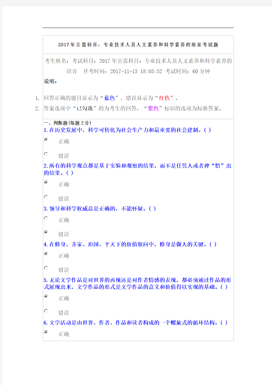 2017年公需科目：专业技术人员人文素养和科学素养地培育考精彩试题