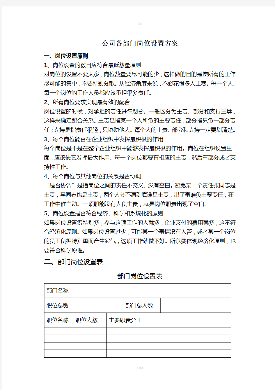 公司岗位设置表