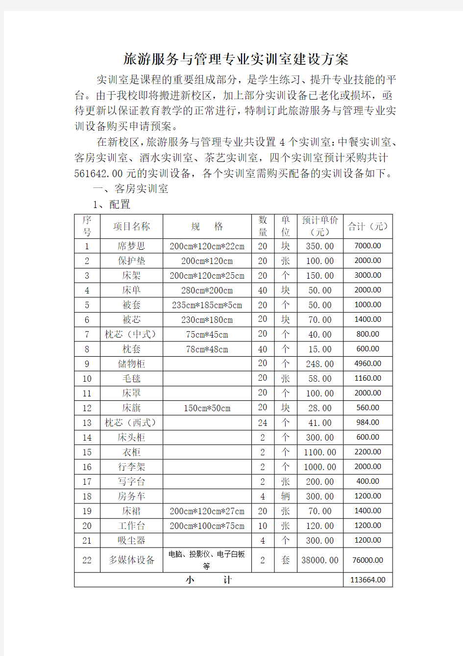 旅游服务与管理专业实训室建设方案