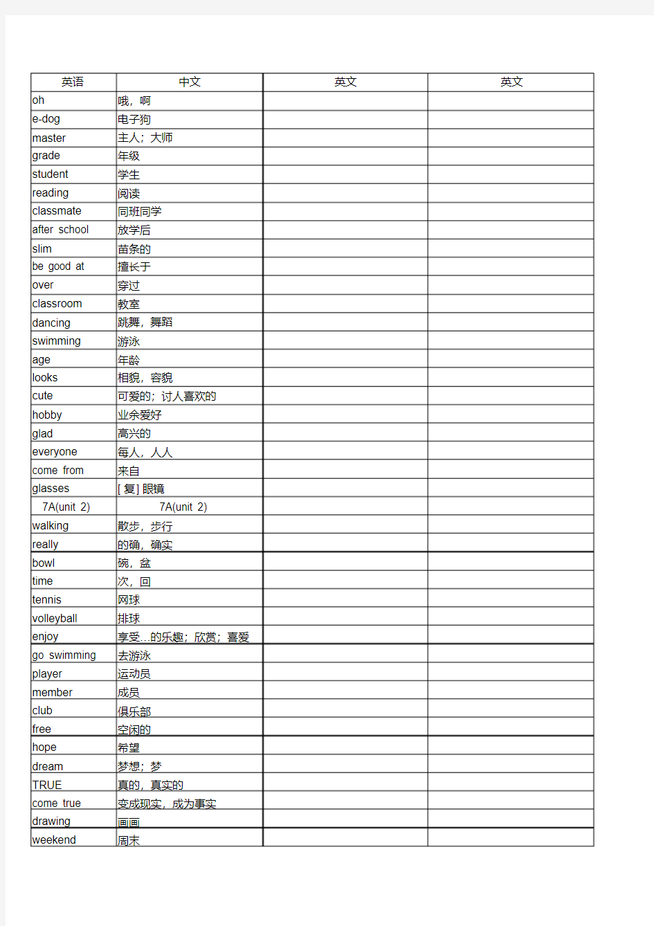 【精品】译林版牛津初中英语7A单词表-江苏