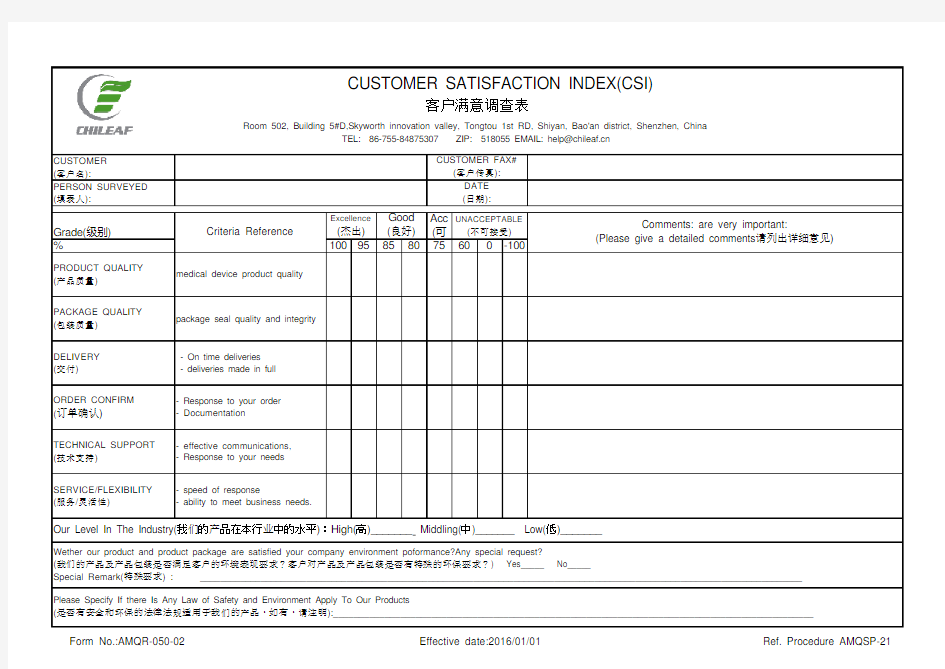 (Customer+Satisfaction+Index)+客户满意度调查表