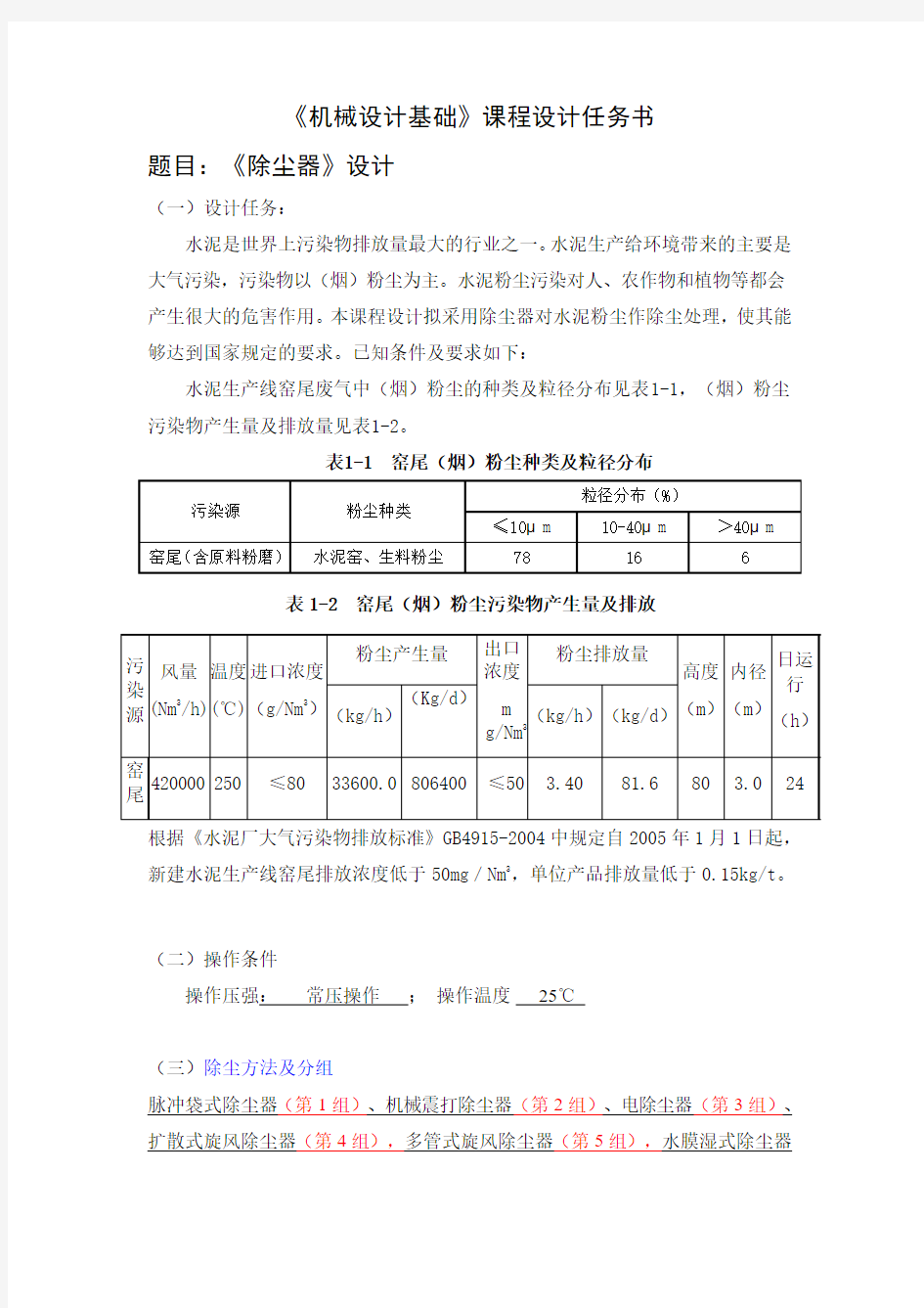 2015《除尘器》课程设计任务书