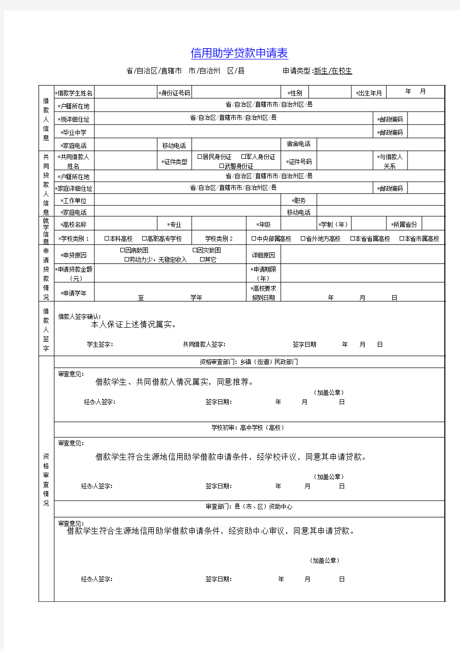 信用助学贷款申请表2017