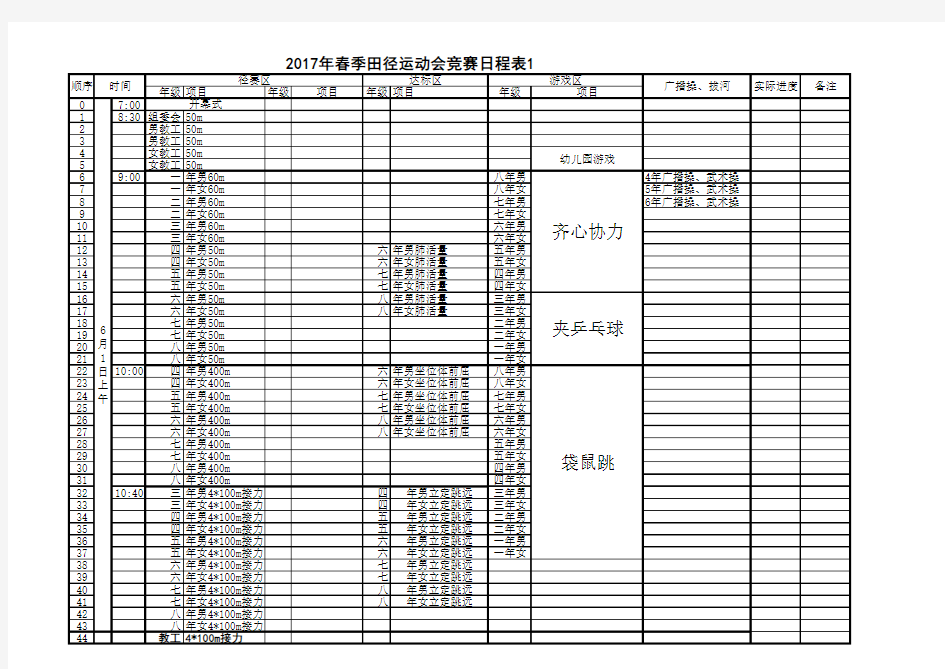 2017年春季田径运动会竞赛日程表