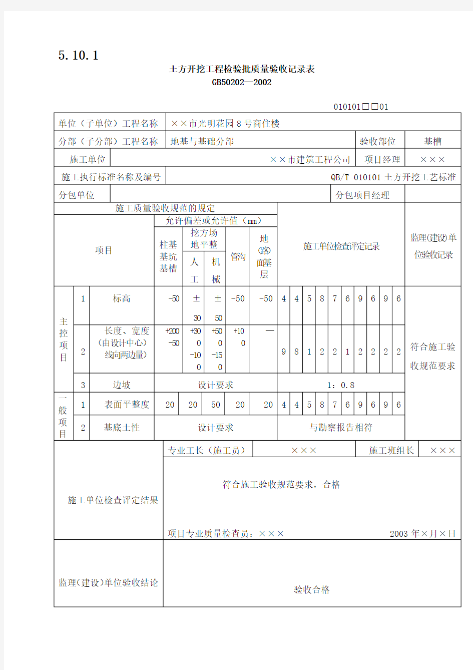 地基基础检验批质量验收记录表