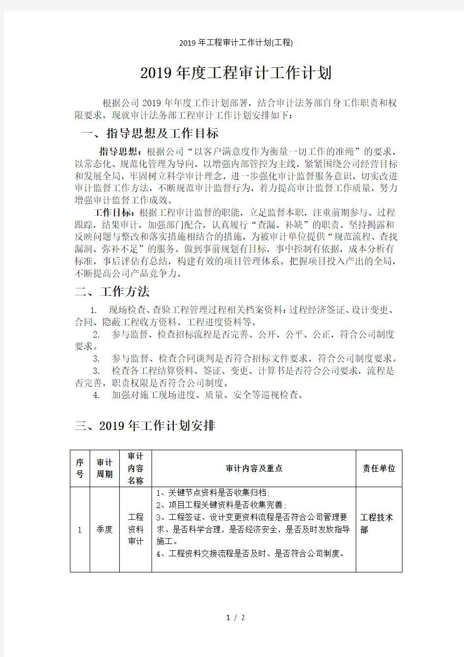 工程审计工作计划(工程)