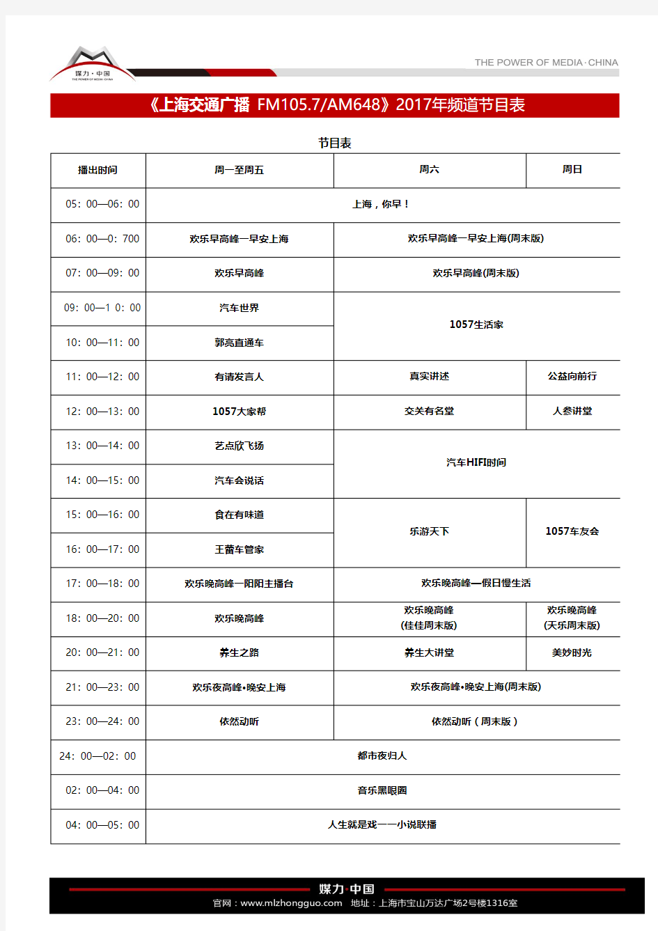 2017年FM105.7上海交通广播电台节目表(2017年1月1日起执行)