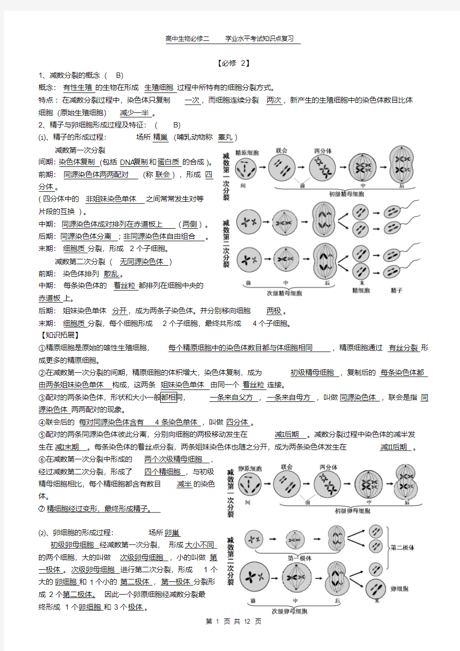 高中生物必修二学业水平考试知识点复习