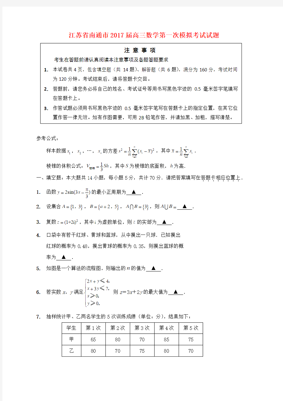 江苏省南通市2017届高三数学第一次模拟考试试题