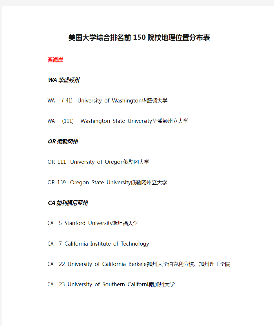 美国大学综合排名前150院校地理位置分布表