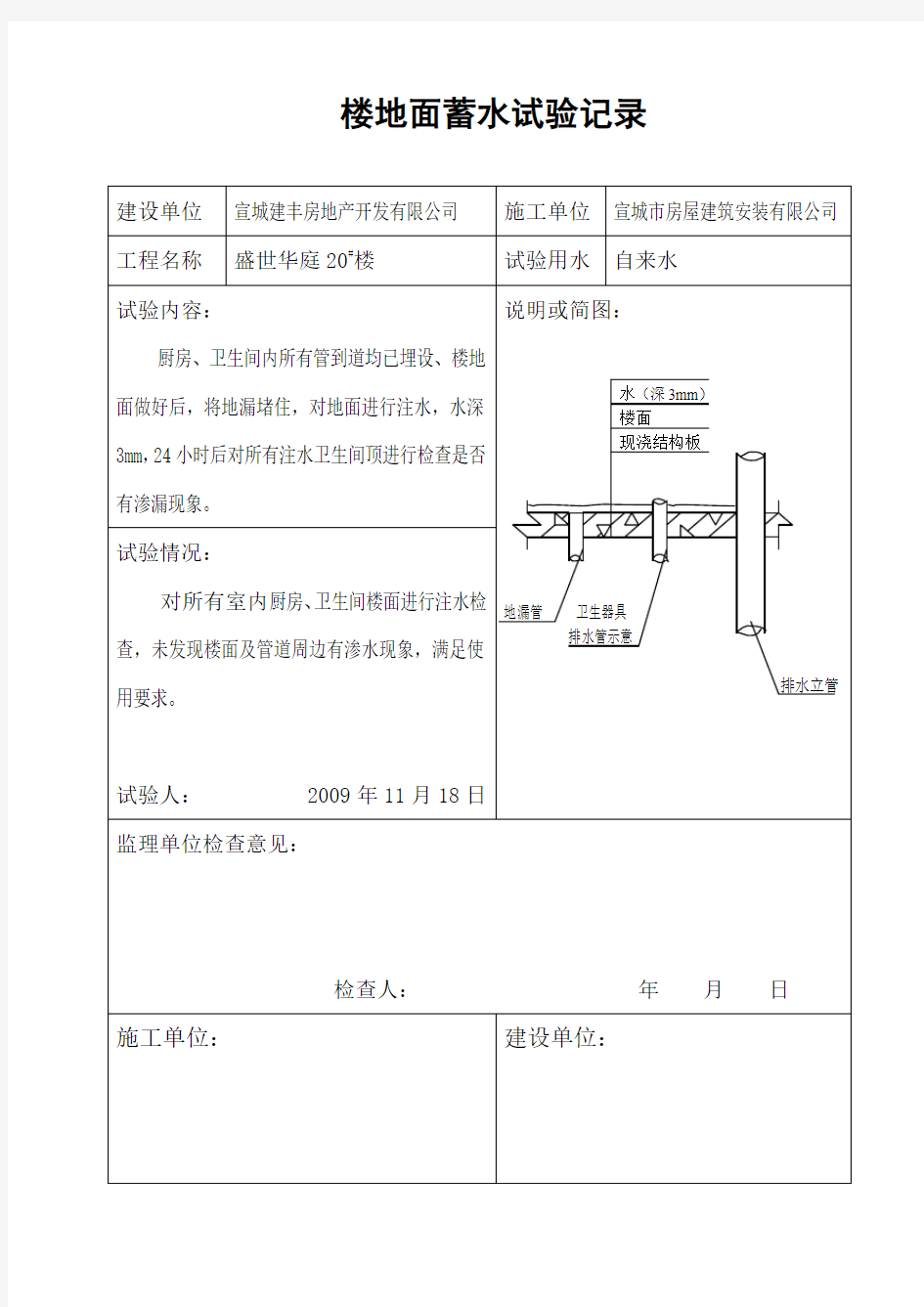 楼地面蓄水试验记录