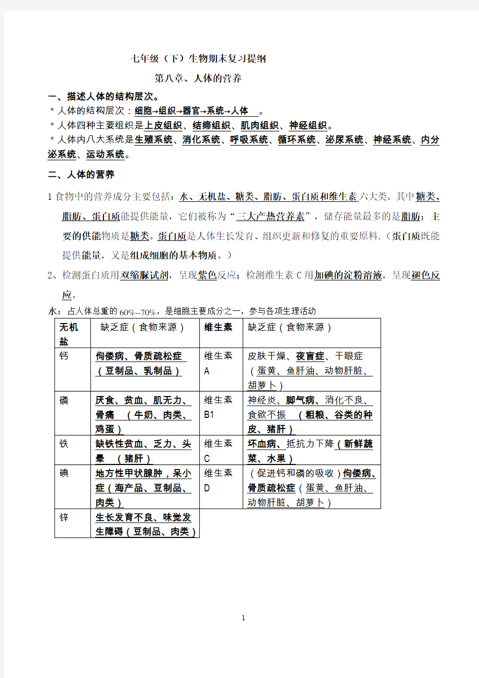 北师大版生物七年级下册知识点总结期末复习资料