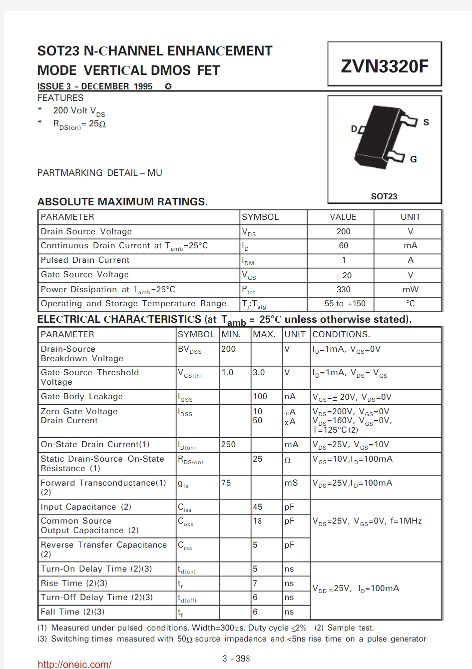 ZVN3320FTA;ZVN3320FTC;中文规格书,Datasheet资料