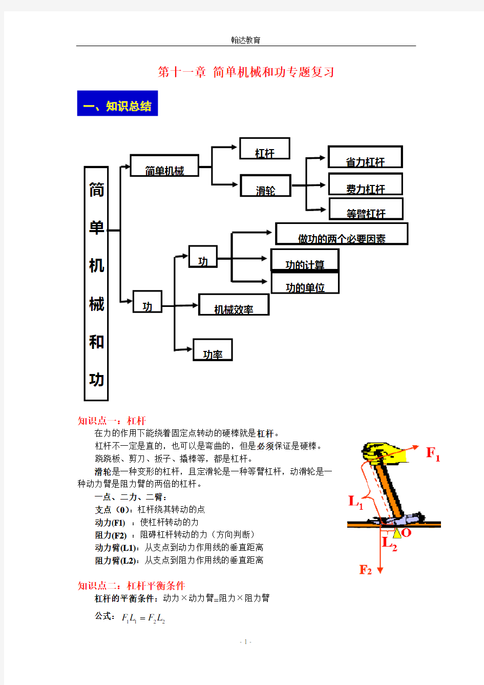 (苏科版)九年级物理简单机械和功--专题复习