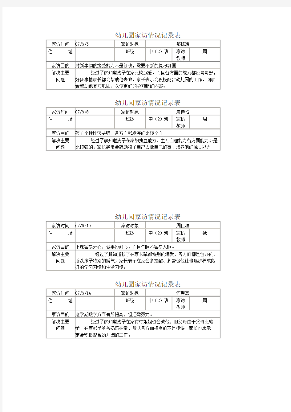 幼儿园家访情况记录表