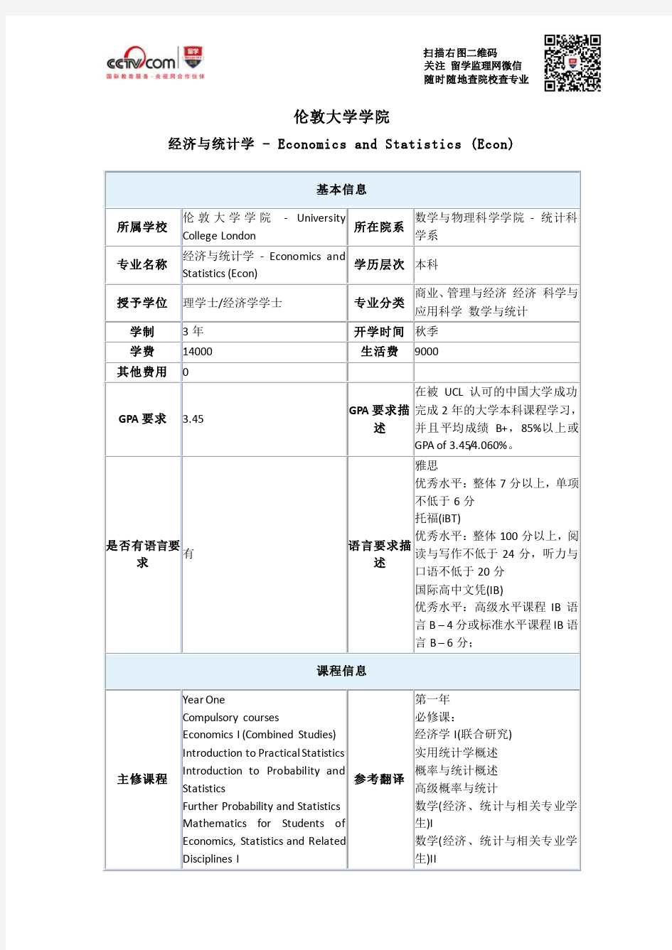 伦敦大学学院经济与统计学本科