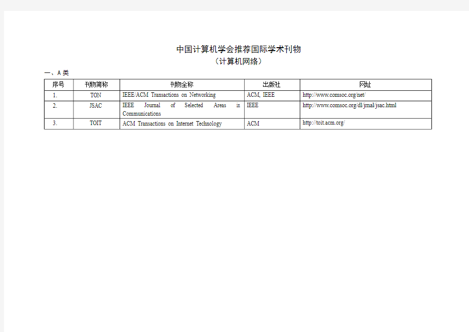 中国计算机学会推荐国际学术期刊与会议-计算机网络