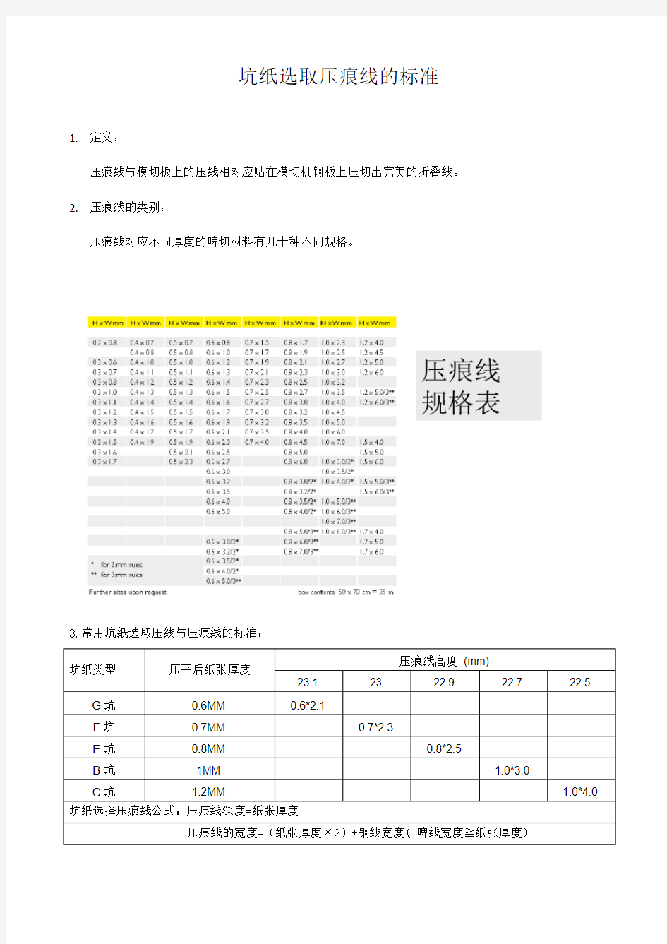 坑纸模切压痕线的标准