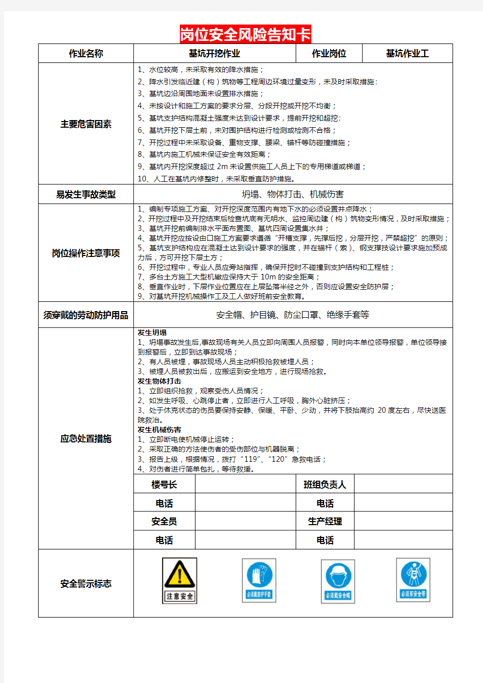 基坑开挖作业岗位安全风险告知卡