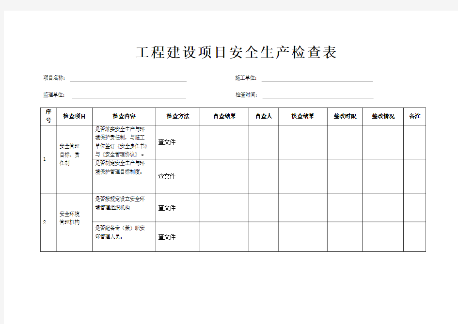 工程建设项目安全生产检查表