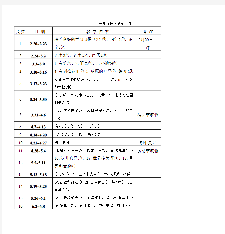 一年级语文教学进度