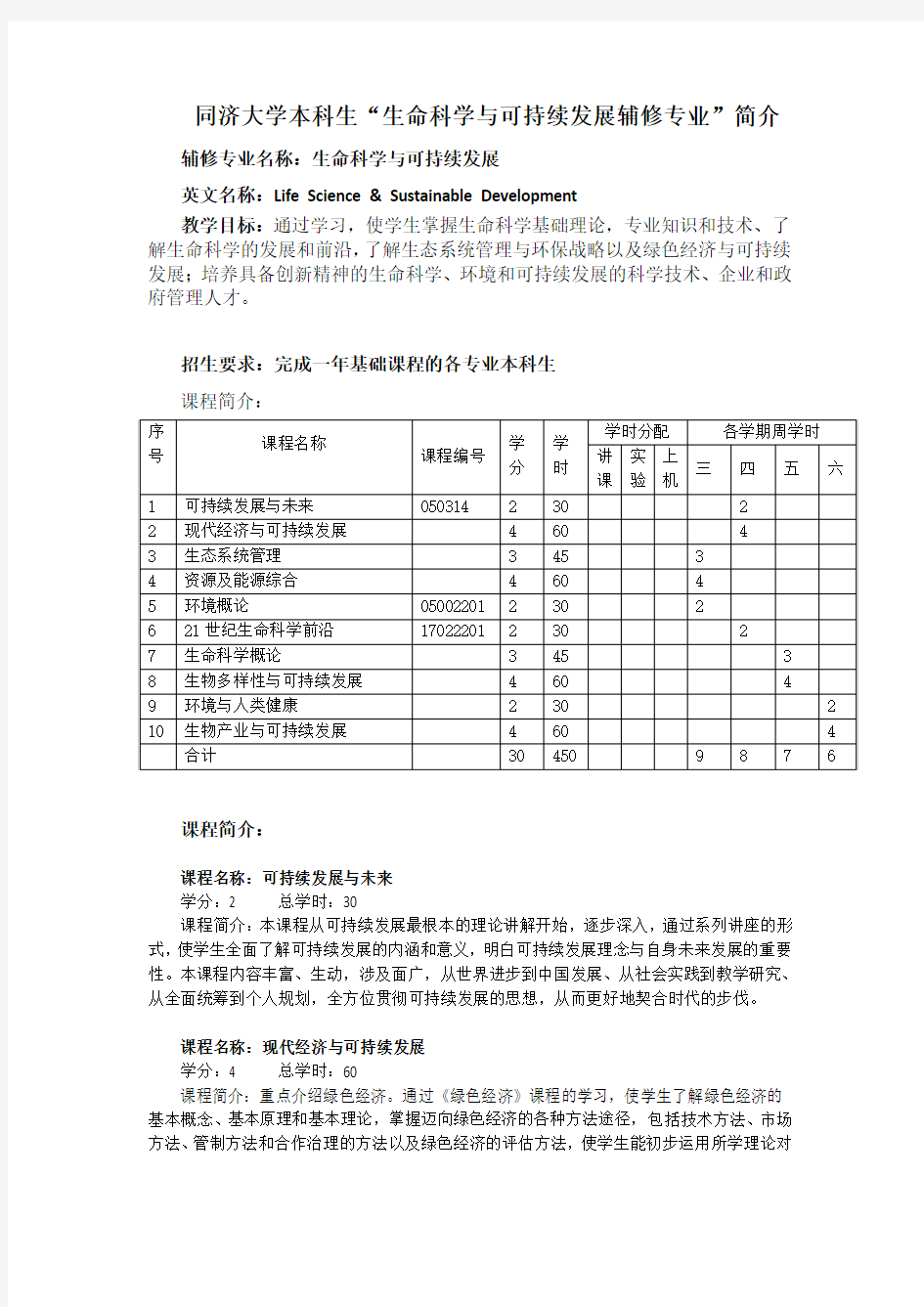 同济大学本科生生命科学与可持续发展辅修专业简介