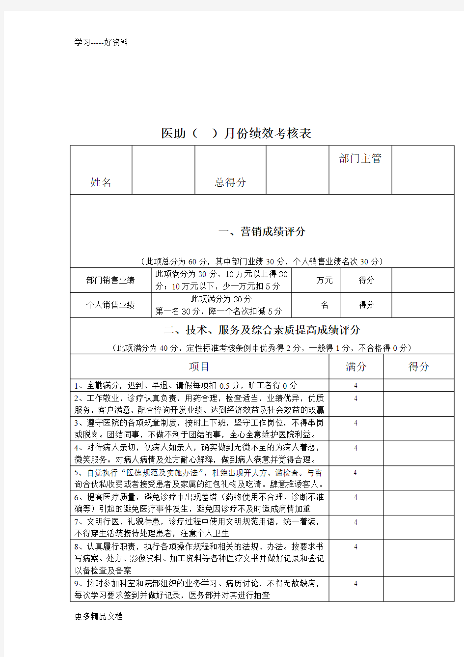 整形医院各部门绩效考核表汇编