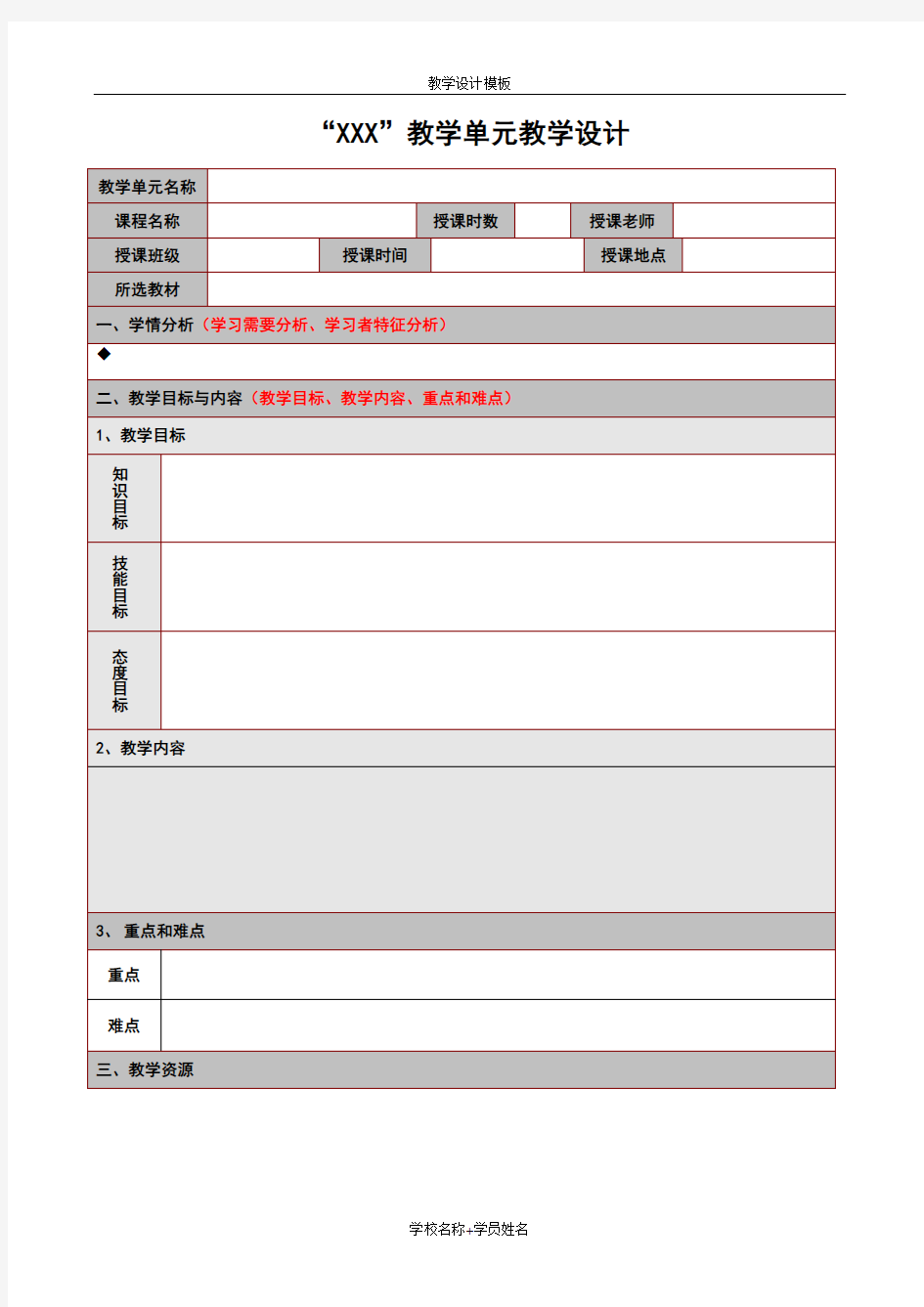 一个教学单元的教学设计(模板)