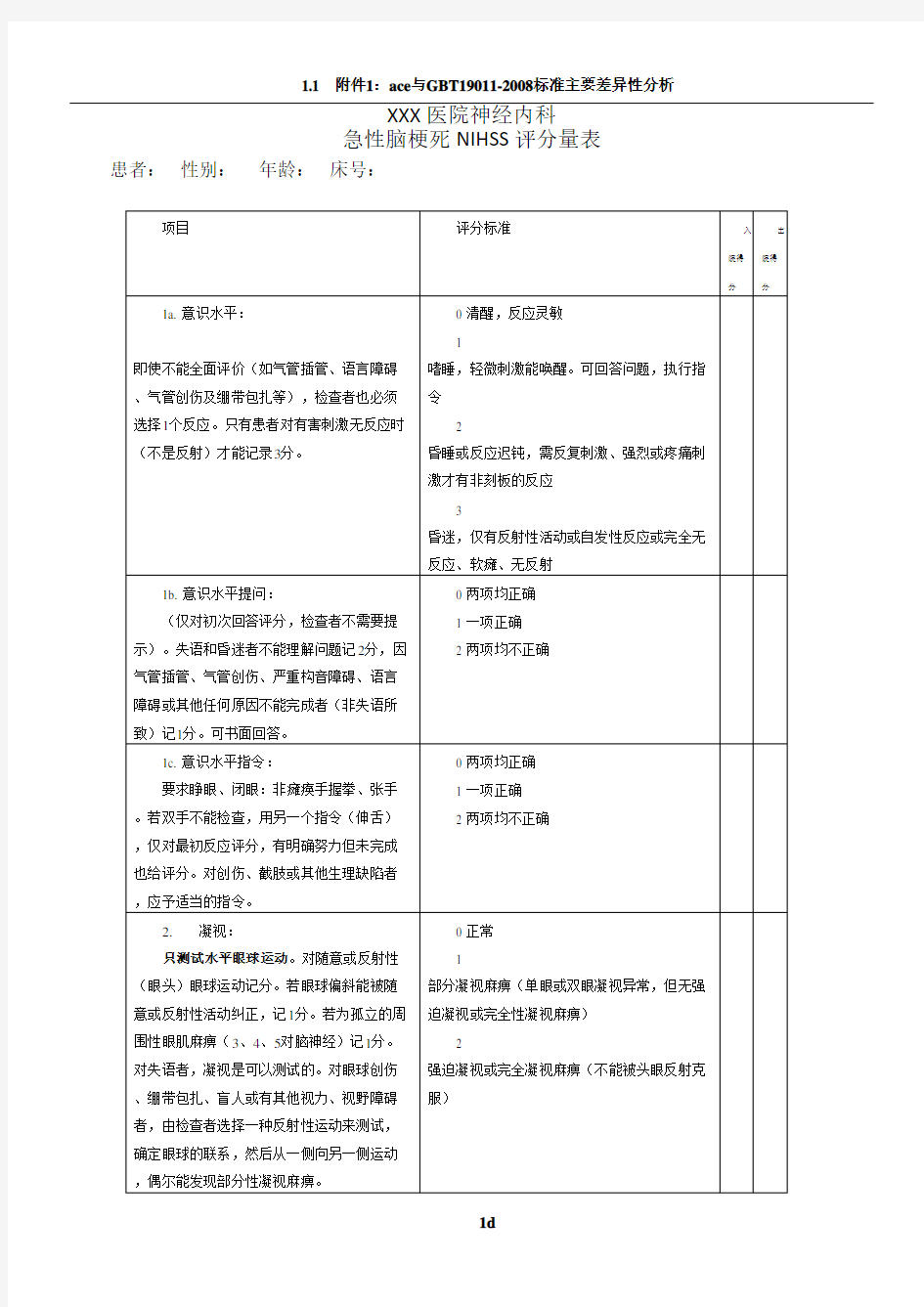 急性脑梗死NIHSS评分表