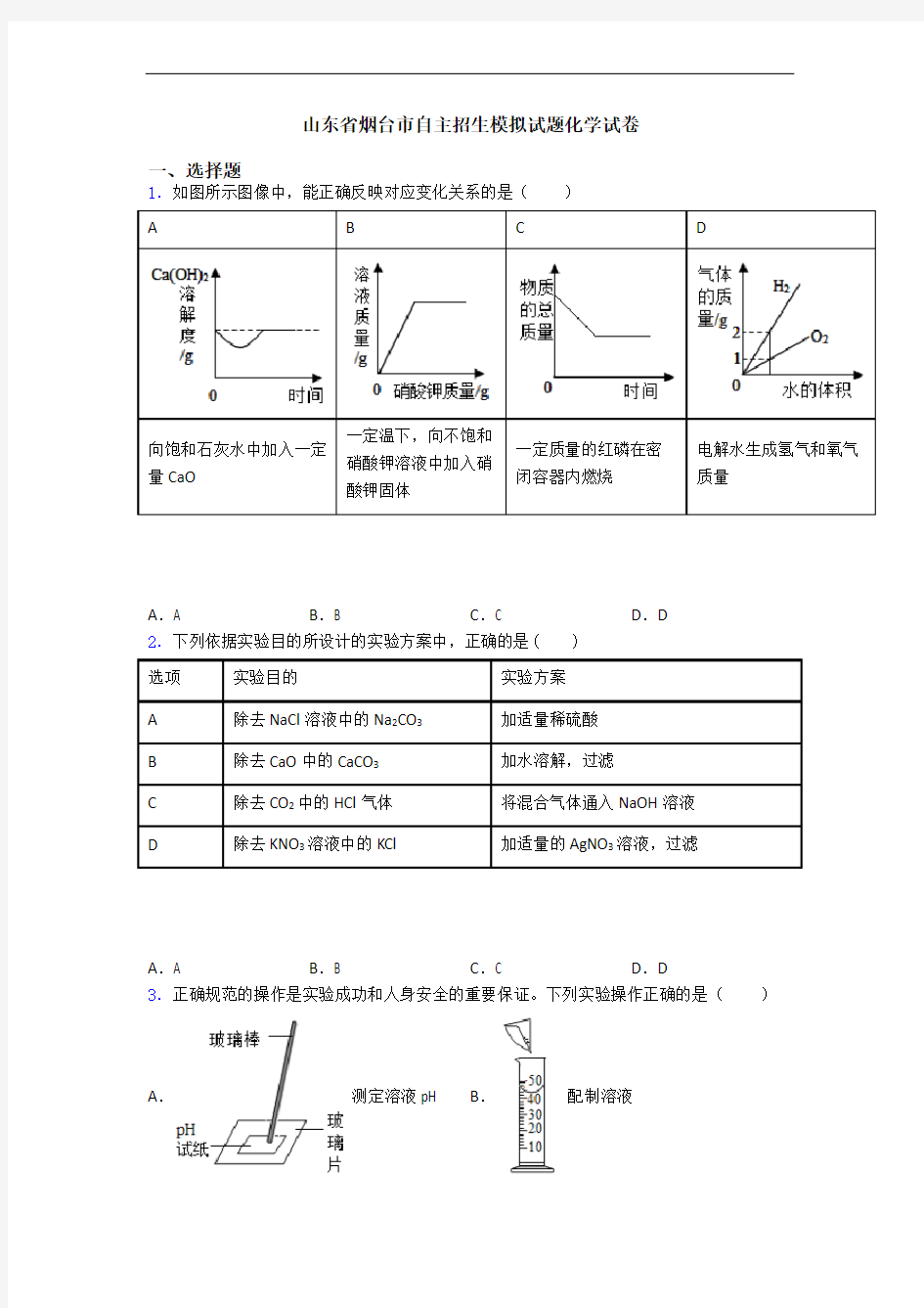 山东省烟台市自主招生模拟试题化学试卷